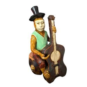 Cool Monkey Playing a Cello Sitting On Drum Table Top Ceramic Sculpture Handmade